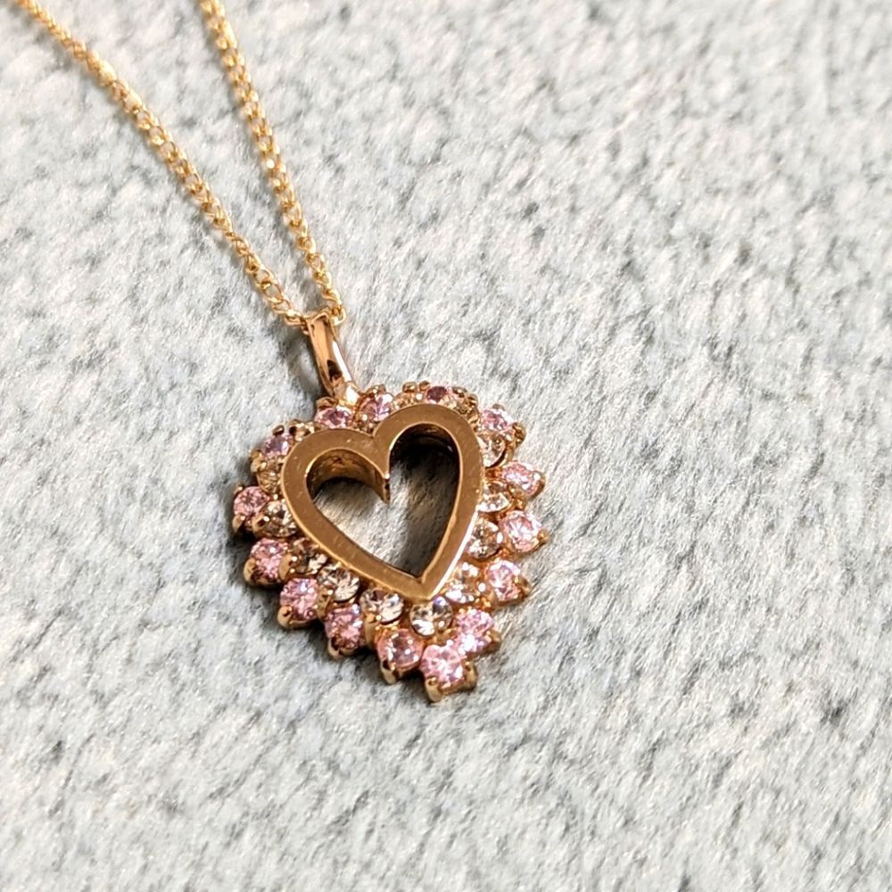 Heart Shaped Pendant w/ Clear & Pale Pink CZ's - Gold over Sterling Silver - Picture 9 of 14